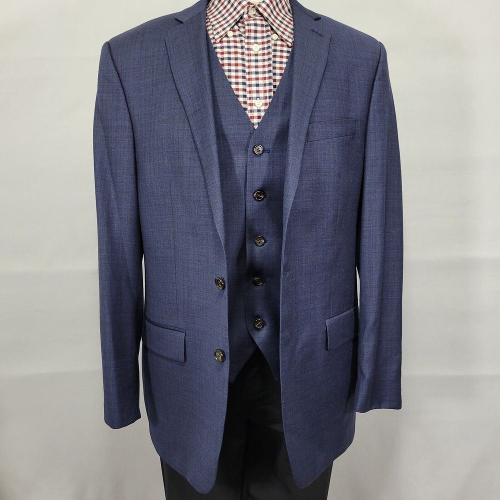 Ralph Lauren Men's Sport Coat & Vest Navy Blue Plaid Natural Stretch Wool Sz 41L